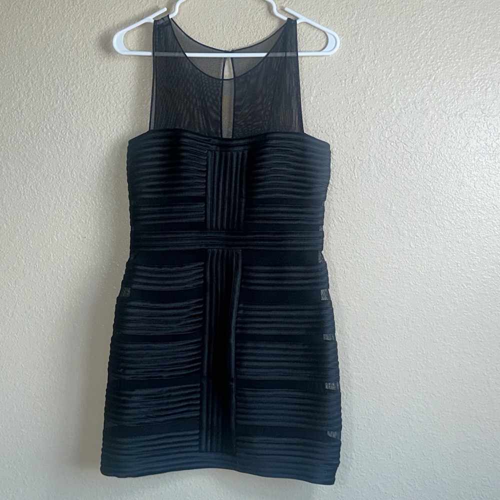 Cache Black Sheer Mesh Cap Sleeve Cocktail‎ Dress Size 10 Textured Ribbon Detail